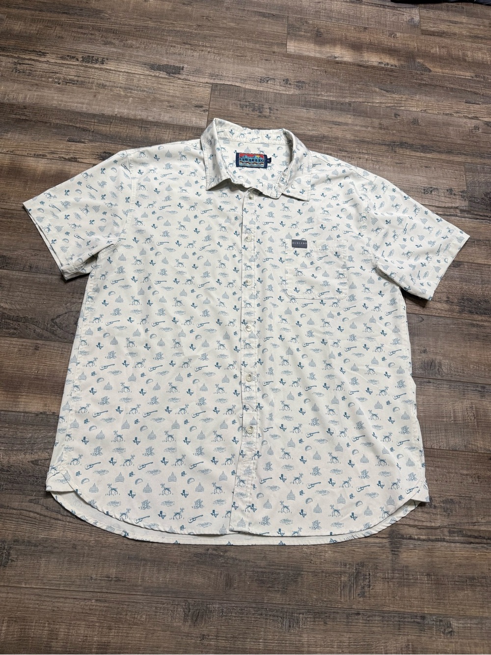 BURLEBO White Short Sleeve Button Down with Light Blue Print Men's Size XL
